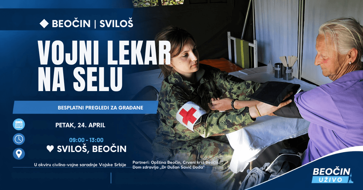 Vojni lekar meri pritisak starijoj osobi tokom akcije u Svilošu, Beočin