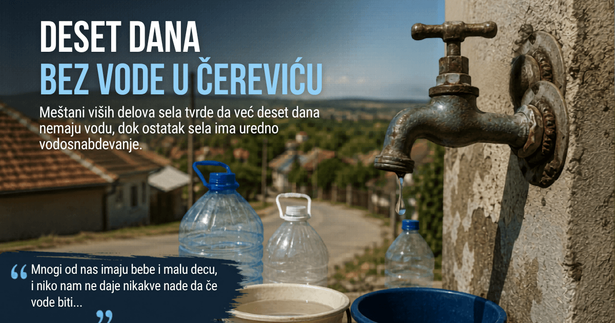 AI ilustracija – problemi sa vodosnabdevanjem u Čereviću, prazna česma i kanisteri za vodu, maj 2026