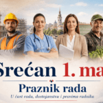 AI ilustracija za Prvi maj, Praznik rada, sa radnicima različitih zanimanja i porukom Srećan 1. maj