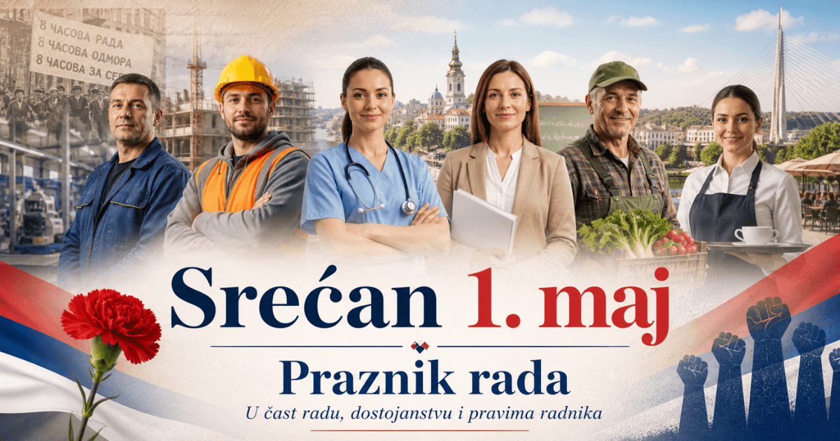 AI ilustracija za Prvi maj, Praznik rada, sa radnicima različitih zanimanja i porukom Srećan 1. maj