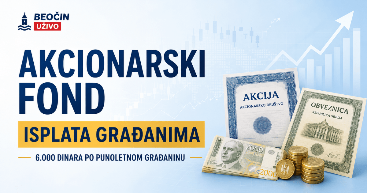 AI ilustracija Akcionarskog fonda, akcija, obveznica i najavljene isplate 6.000 dinara punoletnim građanima Srbije