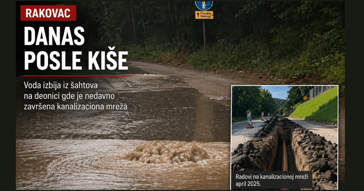 Voda izbija iz kanalizacionog šahta u Rakovcu posle obilne kiše na deonici gde je nedavno završena kanalizaciona mreža.