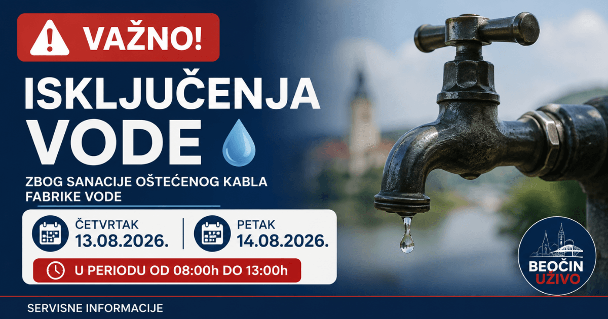 AI ilustracija – isključenje vode u Beočinu 13. i 14. avgusta 2026.