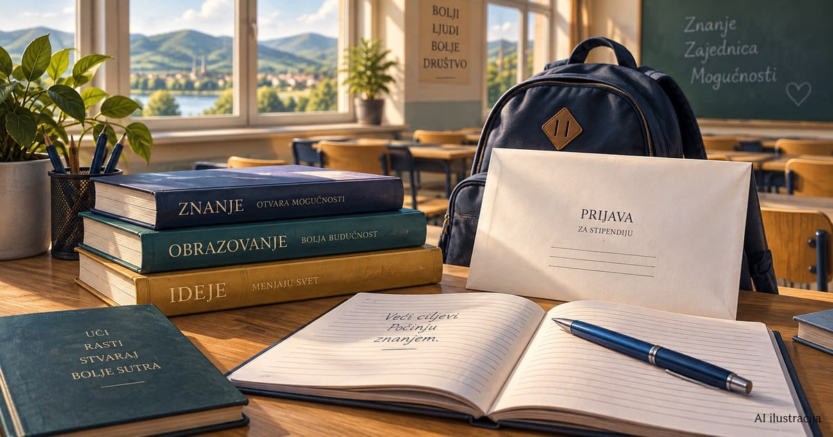 Knjige, sveska, ranac i koverta za prijavu za stipendiju – AI ilustracija / Beočin Uživo.