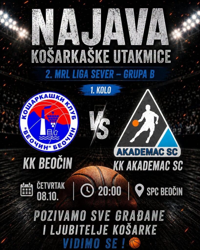 KK Beočin – KK Akademac SC, najava košarkaške utakmice 8. oktobra 2026. godine, izvor Sportski savez opštine Beočin